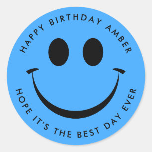 Pegatina Redonda Bright Blue Happy Face Birday Fun