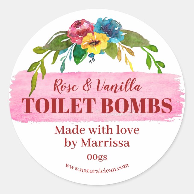 Pegatina Redonda Bright Floral Handmade Toilet Bomb Fizzys Label (Anverso)