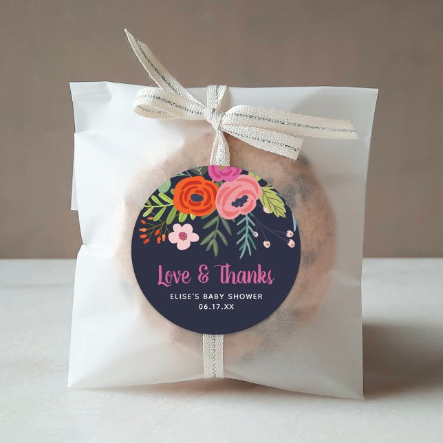 Pegatina Redonda Bright Floral Love and Gracias Baby Shower (Subido por el creador)
