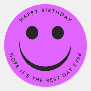 Pegatina Redonda Bright Purple Happy Face Cumpleaños