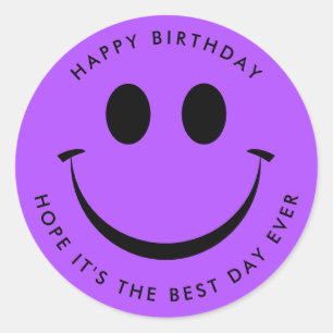 Pegatina Redonda Bright Purple Happy Face Cumpleaños