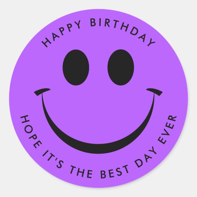Pegatina Redonda Bright Purple Happy Face Cumpleaños (Anverso)