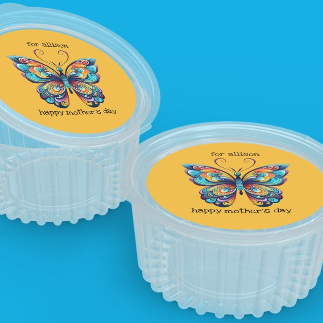 Pegatina Redonda Bright Rainbow Butterly | Aqua | Azul | NARANJA (Round stickers with gorgeous rainbow butterfly that you can personalize for birthdays and occasions.)