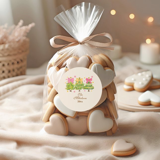 Pegatina Redonda Bright Ribbon Trees Holiday Family (Subido por el creador)