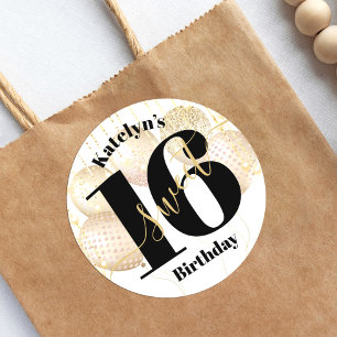 Pegatina Redonda Brillante dulce 16 cumpleaños Dorado Globos Girale