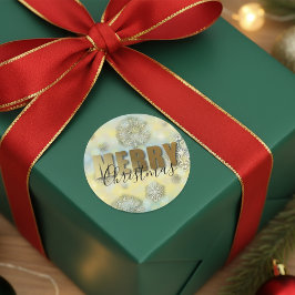 Pegatina Redonda Brillante Filigree Snowflakes Gold Feliz Navidad