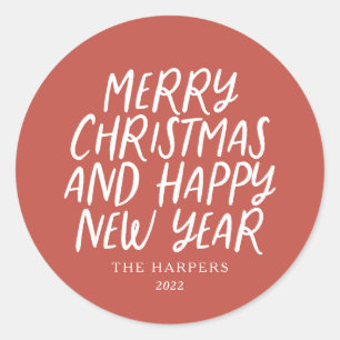 Pegatina Redonda Brillante Navidad Roja Feliz Año Nuevo
