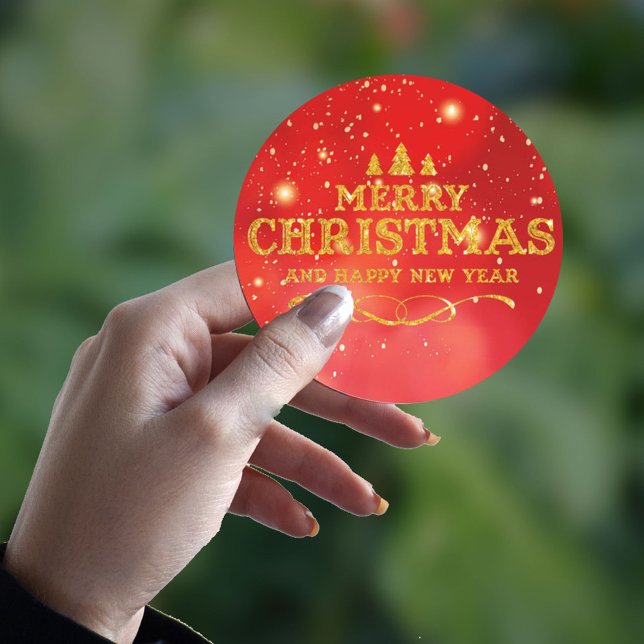 Pegatina Redonda Brillante Oro Rojo Feliz Navidad Año Nuevo (Subido por el creador)