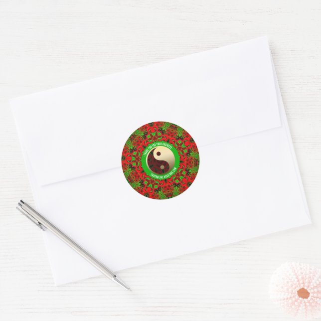 Pegatina Redonda Brillante Red Green Gold Yin Yang Gracias (Sobre)