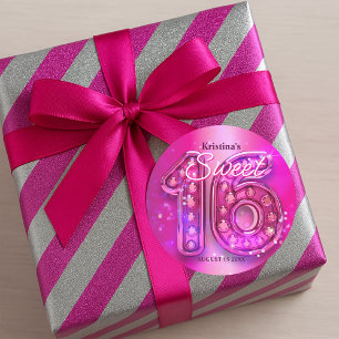 Pegatina Redonda Brillante Rosa Caliente Joya Cumpleaños Dieciséis 