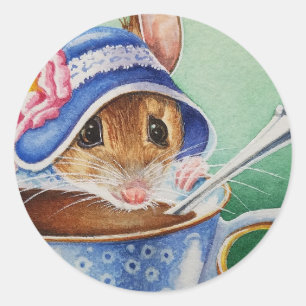 Pegatina Redonda Brillante Tea Time Mouse Blue Bonnet Watercolor