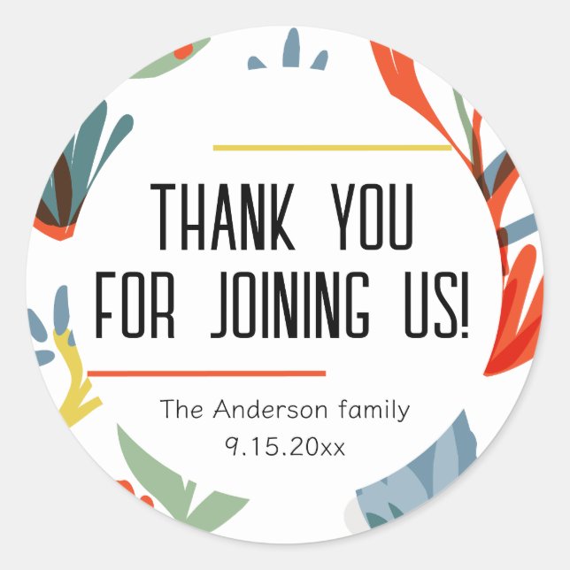 Pegatina Redonda Brillantes Botánicos Baby Shower Gracias (Anverso)