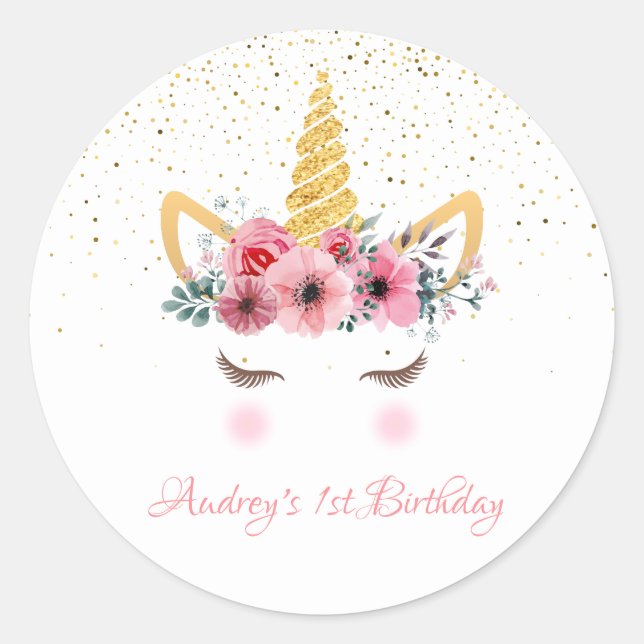 Pegatina Redonda Brillantina dorada | Floral Unicornio Horn Birday  (Anverso)