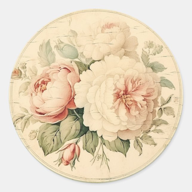 Pegatina Redonda Brillo Antiguo, Estilo Shabby Chic Melocotón (Anverso)