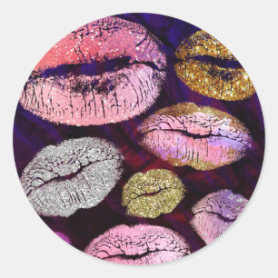 Pegatina Redonda Brillo Centelleante Beso Labios Belleza Maquillaje