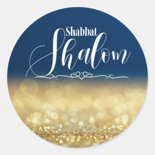 Pegatina Redonda Brillo Dorado Azul, Shabbat Shalom Glam