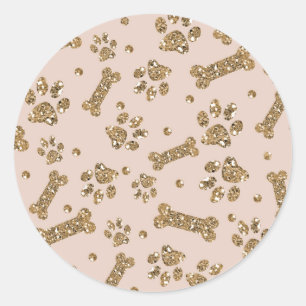 Pegatina Redonda Brillo Dorado Beige Rubor Pata de Mascota Hueso Ca