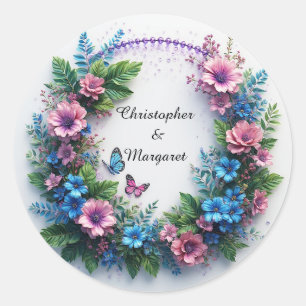 Pegatina Redonda 💍 Brillo Floral de Boda 🌸 Nombres Personalizados