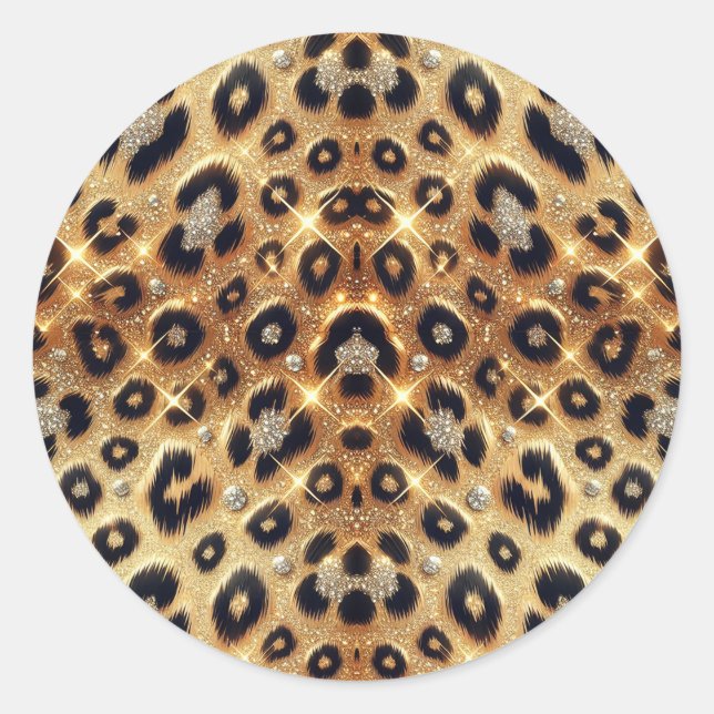 Pegatina Redonda Brillo Glam Oro Impresión Leopardo Cheetah Negro (Anverso)