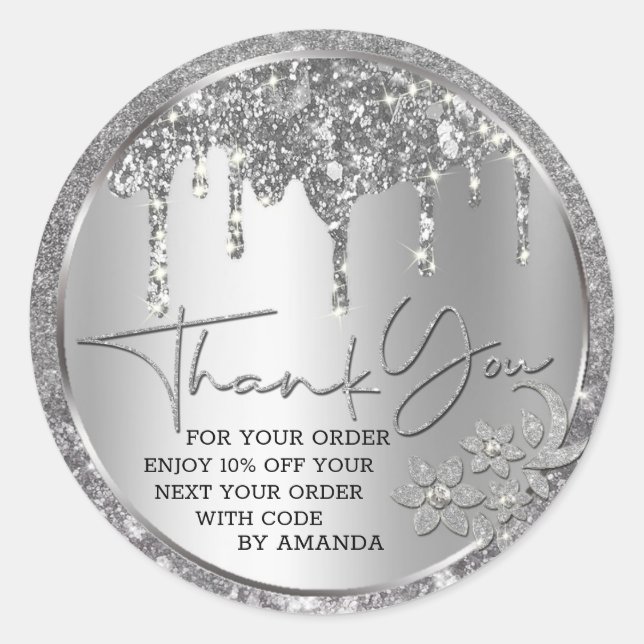 Pegatina Redonda Brillo Gracias Plata Goteo Glitter (Anverso)