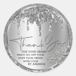 Pegatina Redonda Brillo Gracias Plata Goteo Glitter