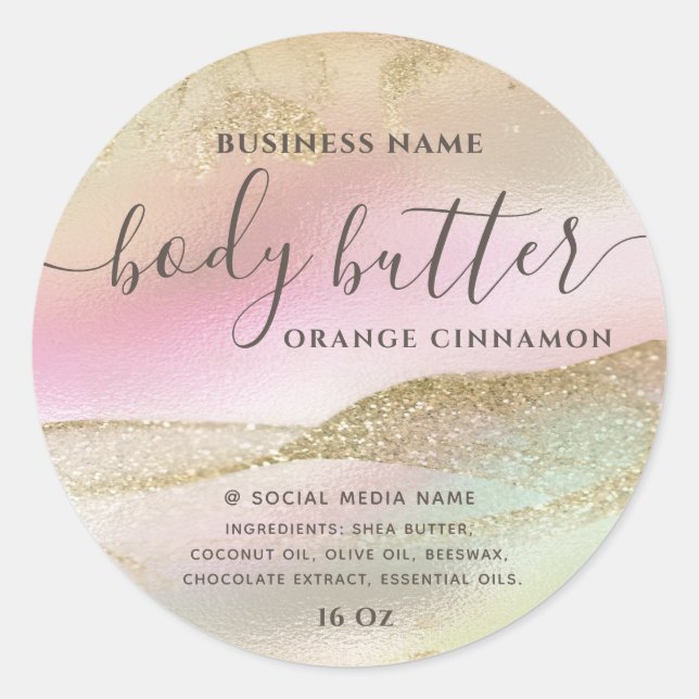 Pegatina Redonda Brillo líquido holográfico dorado escritura modern (Anverso)