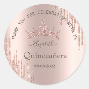 Pegatina Redonda Brillos Modernos Gotean Quinceañera de Oro Rosa