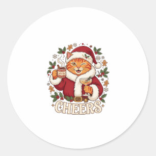 Pegatina Redonda Brindis Navidad Naranja Gato Santa Sombrero Bebida