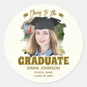Pegatina Redonda Brindis por el Graduado Foto Personalizada Nombre 