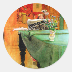 Pegatina Redonda Brita al piano de Carl Larsson, Arte Antiguo