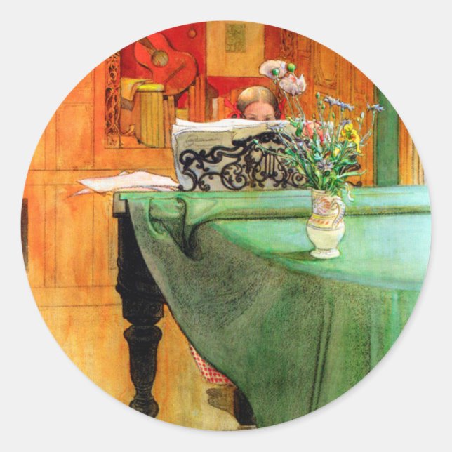 Pegatina Redonda Brita en el piano por Carl Larsson, Arte de época (Anverso)