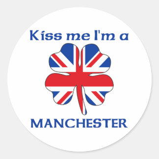 Pegatina Redonda Británico personalizado me besa, soy Manchester