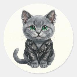 Pegatina Redonda British Blue Punk Cat in Leather Jacket Sticker