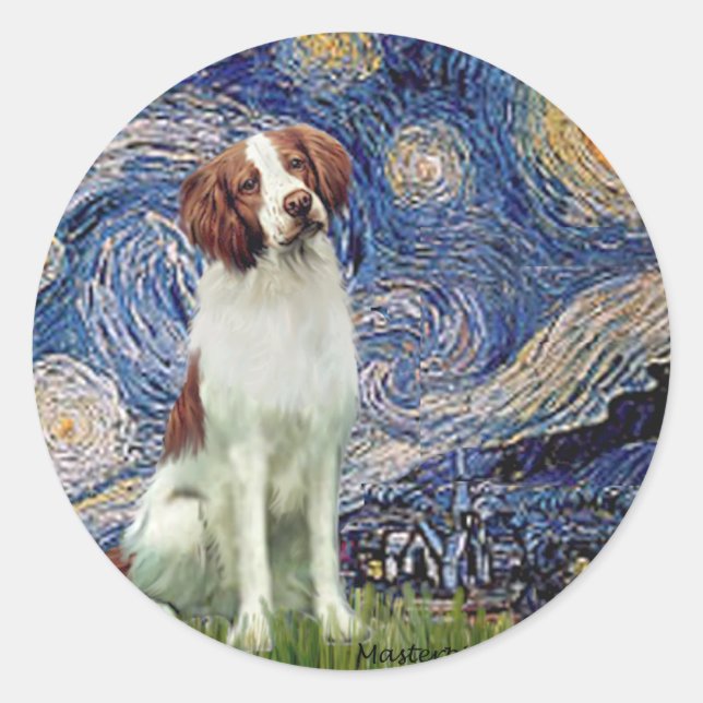 Pegatina Redonda Brittany Spaniel 3 - Noche estrellada (Anverso)
