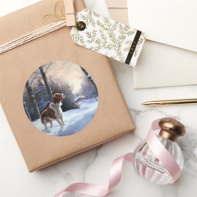 Pegatina Redonda Brittany Spaniel Let It Snow Navidades (Regalar)
