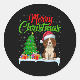 Pegatina Redonda Brittany Spaniel Perro Árbol de Navidad Ilumina Na