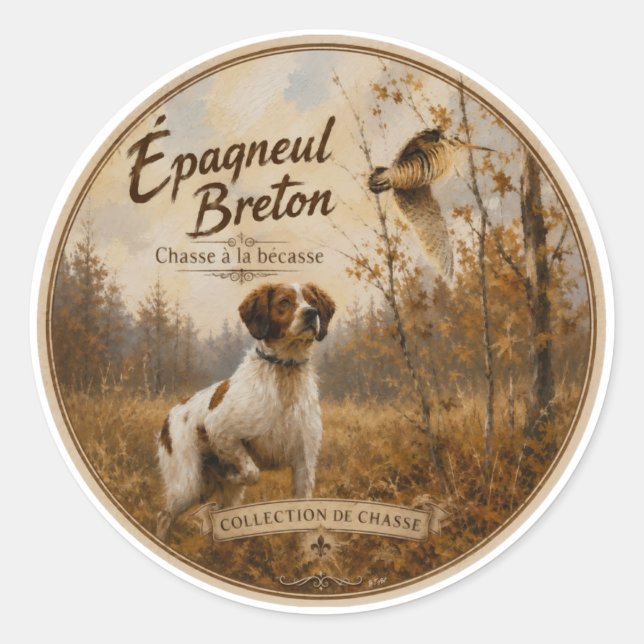 Pegatina Redonda Brittany Spaniel y chocha  (Anverso)