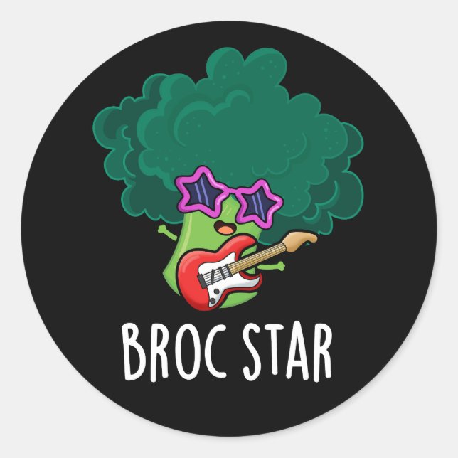Pegatina Redonda Broc Star Funny Brocolli Rock Star Pun Dark BG (Anverso)