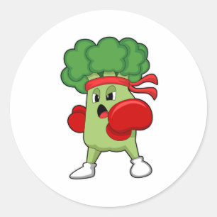 Pegatina Redonda Broccoli en boxeo con guantes de boxeo