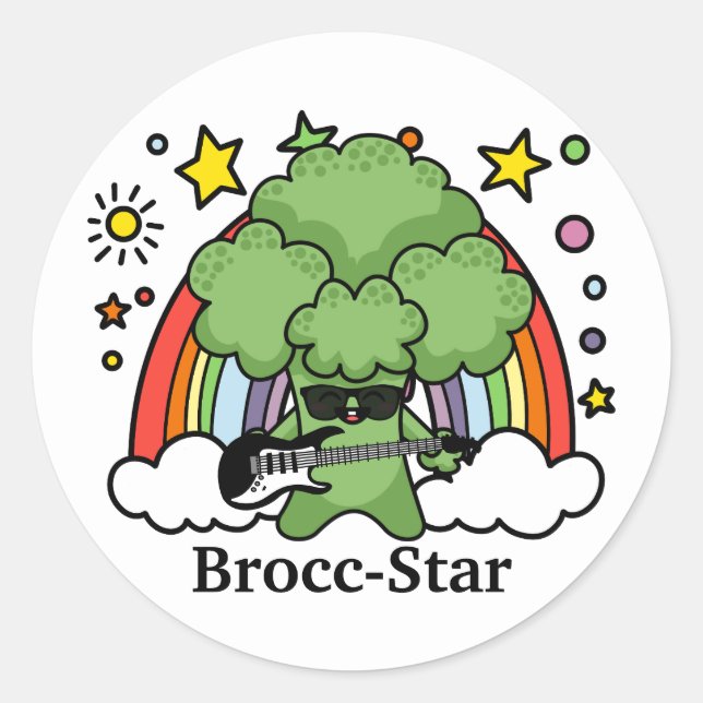 Pegatina Redonda Broccoli Verde Brocc, estrella de rock (Anverso)