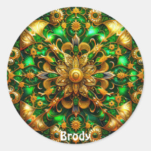 Pegatina Redonda BRODY ~ Navidades brillantes verdes y de oro ~