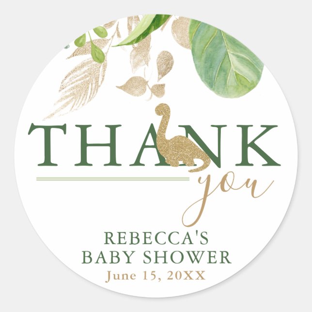 Pegatina Redonda Brontosauro Dinosaurio Green y Gold Baby Shower (Anverso)