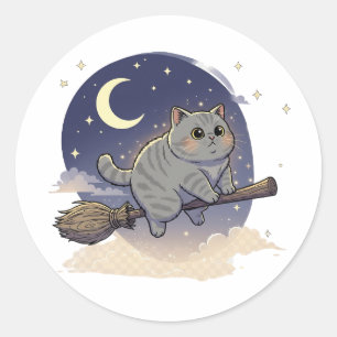 Pegatina Redonda Broomstick Brit - British Shorthair Cat Halloween