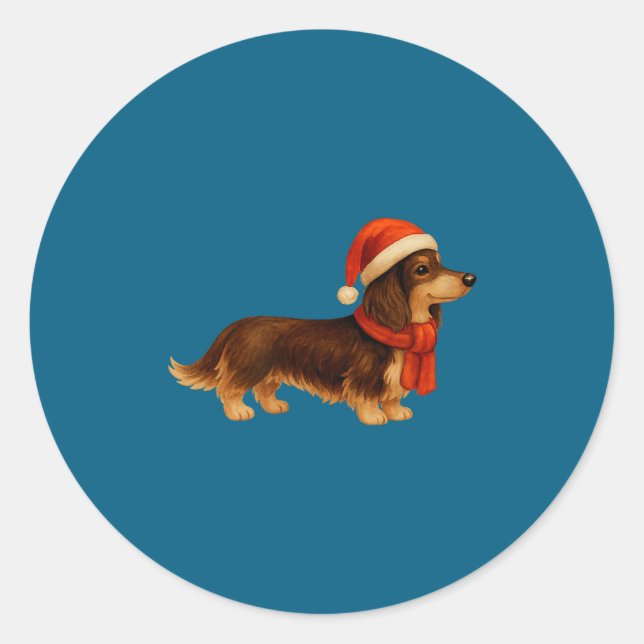 Pegatina Redonda Brown And Tan Christmas Dachshund Santa Hat  (Anverso)