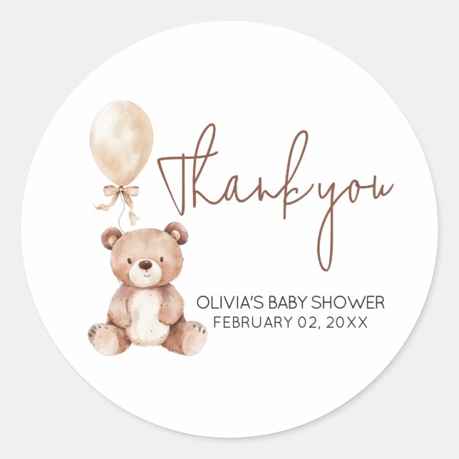 Pegatina Redonda Brown Bear Balloon Baby Shower (Anverso)