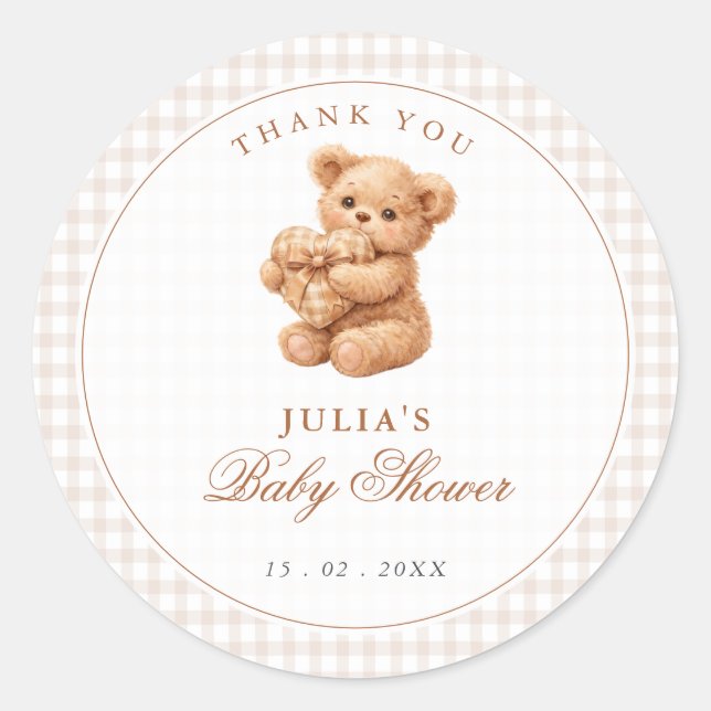 Pegatina Redonda Brown Gingham Teddy Bear Neutral Baby Shower Paper (Anverso)