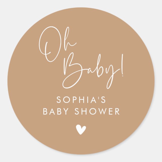 Pegatina Redonda Brown Oh Baby Modern Boho Baby Shower (Anverso)