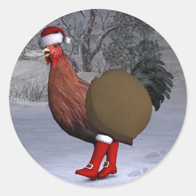 Pegatina Redonda Brown Rooster Santa Claus (Anverso)