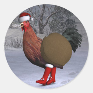 Pegatina Redonda Brown Rooster Santa Claus