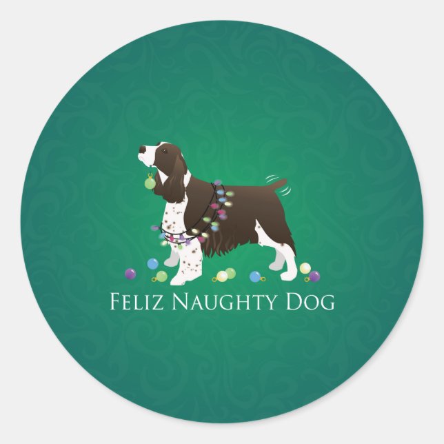 Pegatina Redonda Brown Springer Spaniel Dog Feliz Perro travieso (Anverso)